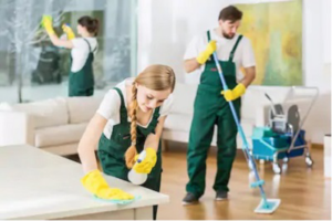 A team of house cleaners from Apple Cleaning performing various cleaning tasks in a home in Anniston, AL.