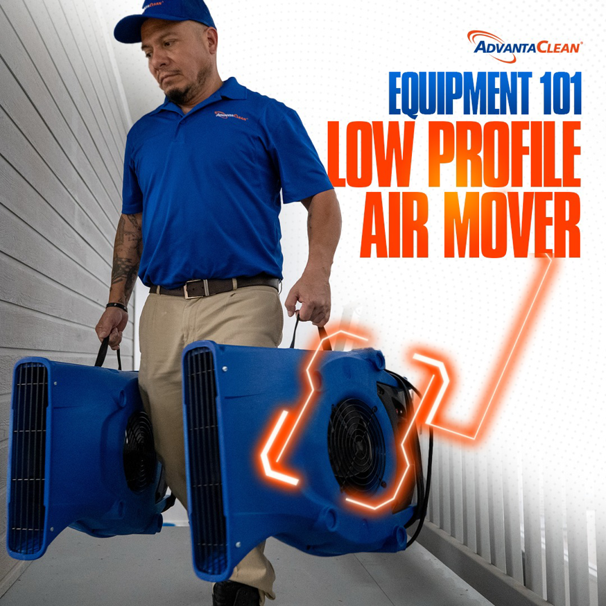 A technician carrying low profile air movers for drying services at AdvantaClean of Cabarrus and Rowan Counties in Concord, NC.