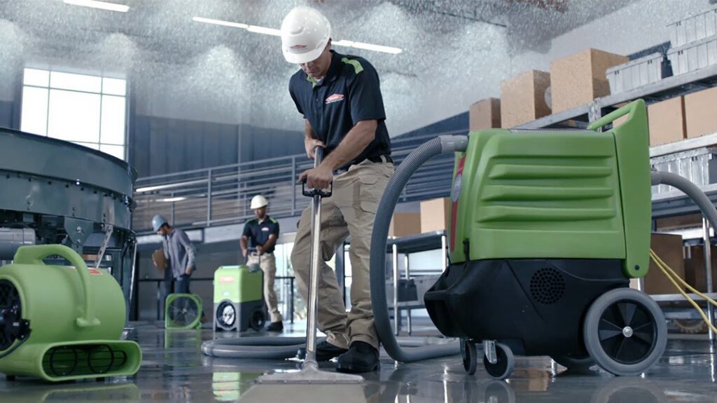 A SERVPRO technician using a water extraction tool on a wet floor in a large commercial building, with air movers visible, in Alexandria, LA.
