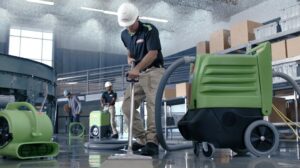 A SERVPRO technician using a water extraction tool on a wet floor in a large commercial building, with air movers visible, in Alexandria, LA.