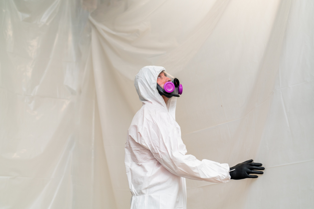 A technician in a hazmat suit and respirator working in a containment area for water damage remediation by Rainbow International of Coeur D'alene in Post Falls, ID