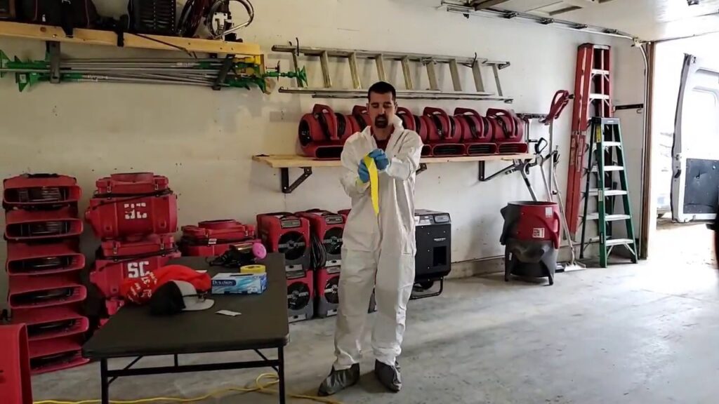 A technician in a hazmat suit with water damage drying equipment, working for PuroClean of Strafford County in Nottingham, NH.