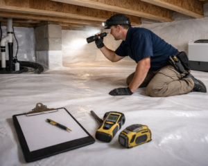 A technician inspecting a crawl space for water damage and moisture issues for Proshield Waterproofing & Restoration in Overland Park, KS