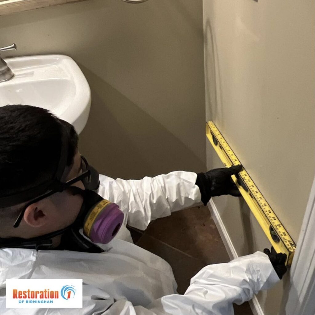 A technician in protective gear inspecting a wall for water damage at a property in Pelham, AL, by Restoration 1 of Birmingham.