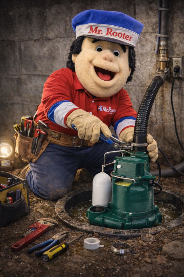 A Mr. Rooter technician mascot repairing a sump pump in a basement for Mr. Rooter Plumbing of Youngstown, OH.