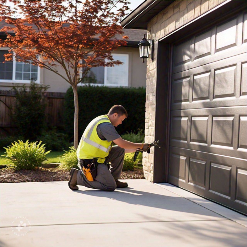 A technician repairing the bottom seal of a garage door for DNA Garage Door Repair in New Haven, CT