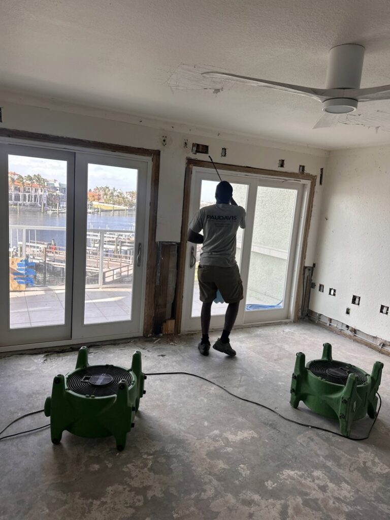 Technician spraying a room with air movers for water damage remediation. Paul Davis Restoration, Belmont, MA.