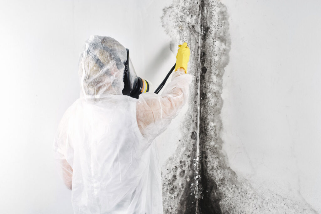 A technician in a hazmat suit spraying a mold-covered wall during remediation by 1-800 WATER DAMAGE of Oklahoma City, OK.
