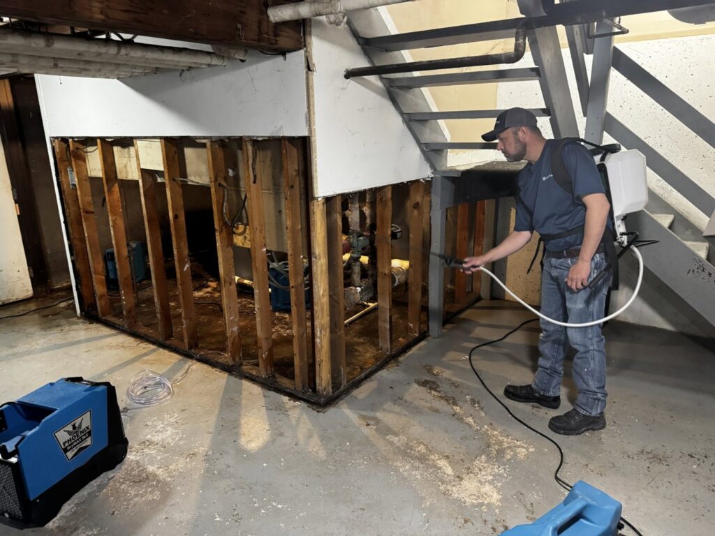 A RestoPros technician spraying for mold remediation in a water-damaged basement in Bangor, ME.