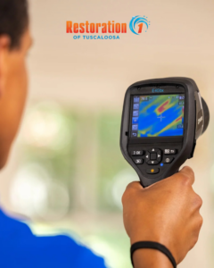 A Restoration 1 of Tuscaloosa technician in Northport, AL, using a thermal imaging camera to detect hidden water damage.