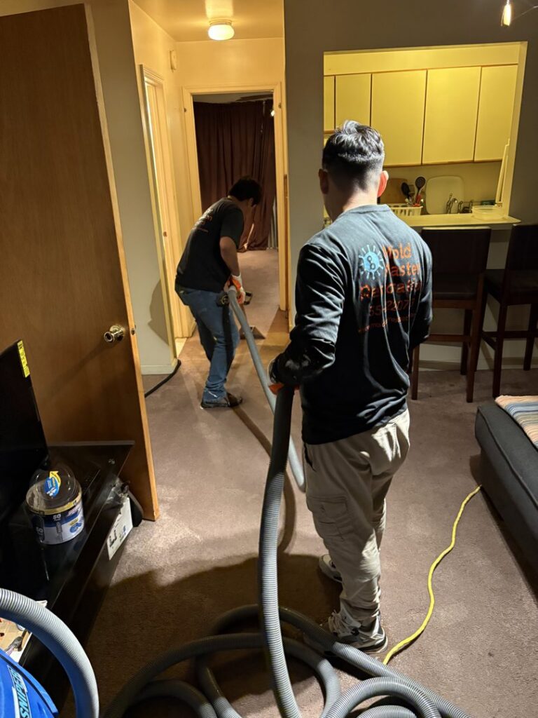 Mold Master Restoration technicians extracting water from a carpet during water damage cleanup in Jersey City, NJ