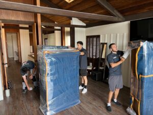 Three professional movers carefully moving wrapped furniture through a home for All Way Moving in Washington, PA.