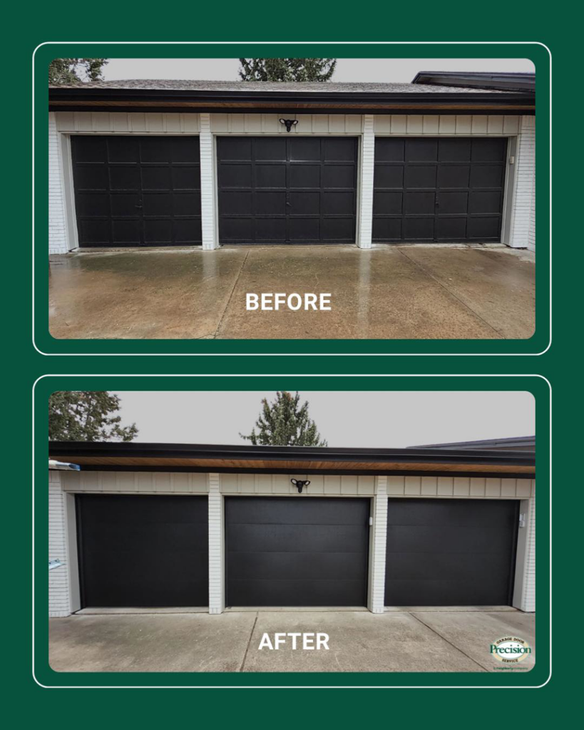 Before and after view of three residential garage door installations by Precision Garage Door Fort Collins in Cheyenne, WY.