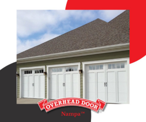 Three white garage doors with windows installed on a residential home by Overhead Door Company of Nampa in Nampa, ID.