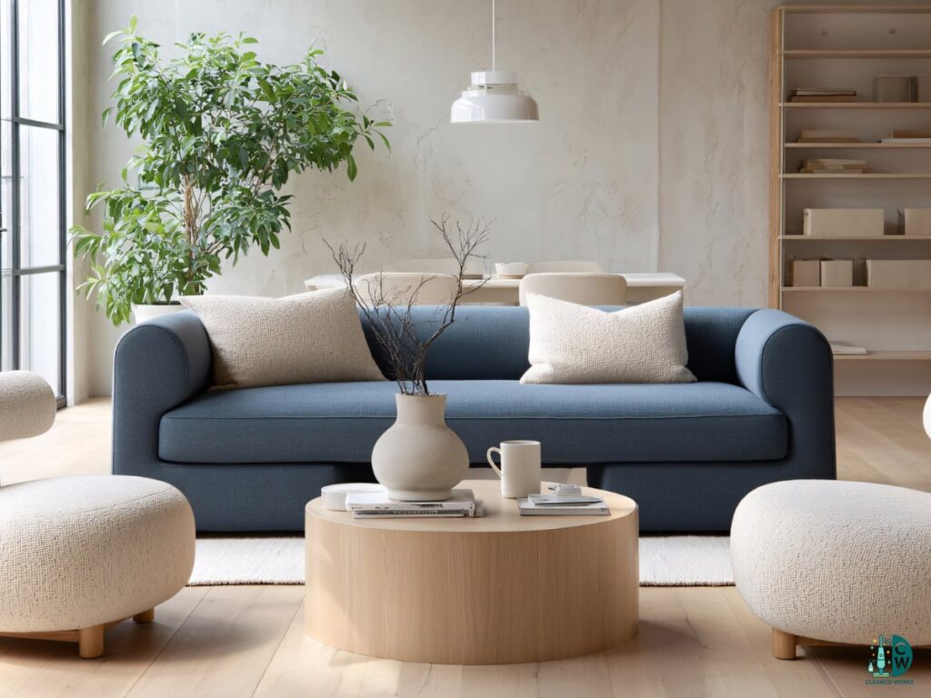A tidy and inviting living room with a blue sofa and a light wood coffee table, showcasing the clean results from CleanCo Works in Scottsdale, AZ.
