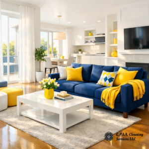 A beautifully tidy residential living room, reflecting the quality work of CPIA Cleaning Services in Des Moines, IA