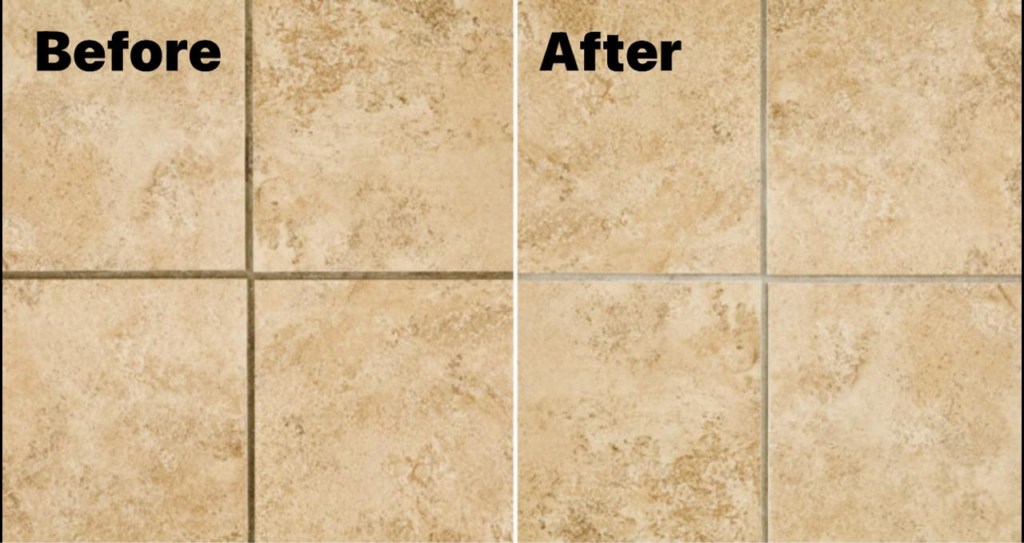 Before and after comparison of professionally cleaned tile and grout by Valentyna's enterprises llc in West Columbia, SC.