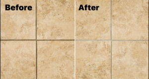 Before and after comparison of professionally cleaned tile and grout by Valentyna's enterprises llc in West Columbia, SC.