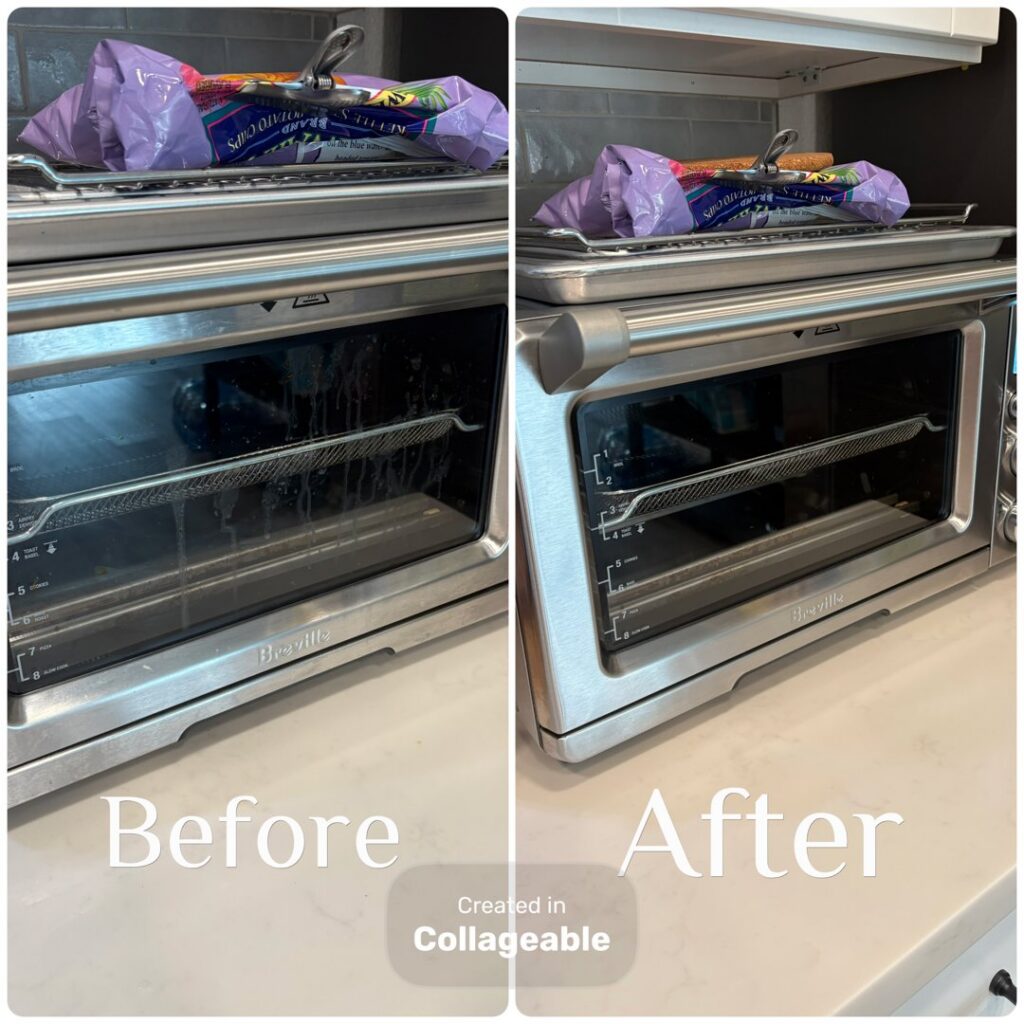 Before and after cleaning of a toaster oven by DG Cleaning Solutions in Sacramento, CA.