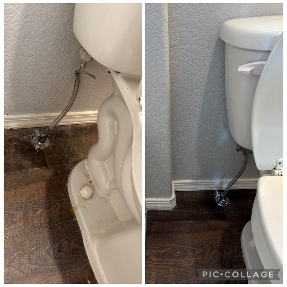 Before and after comparison of a professionally cleaned toilet base and floor by Lavender & Lux Cleaning LLC in Wasilla, AK