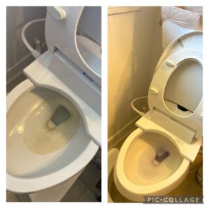 A before and after comparison of a toilet showing professional cleaning results by Galvanhousekeeper LLC in Roanoke, VA