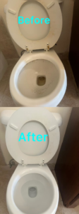 A before and after comparison showing a sparkling clean toilet after service by White Sands Spotless Cleaning in Alamogordo, NM.
