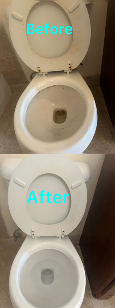 A before and after comparison showing a sparkling clean toilet after service by White Sands Spotless Cleaning in Alamogordo, NM.