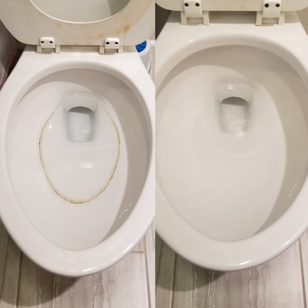 Before and after comparison of a toilet bowl, showing effective cleaning by Platt Cleaning Services in Lafayette, LA.