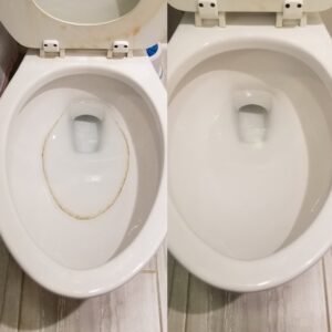 Before and after comparison of a toilet bowl, showing effective cleaning by Platt Cleaning Services in Lafayette, LA.