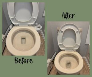 A toilet bowl looking much cleaner in a before and after comparison by Eternal Blossom Cleaning Services in Tulsa, OK
