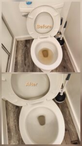 A dirty toilet bowl before and after professional cleaning by Wisconsin Cleaners LLC in Green Bay, WI.