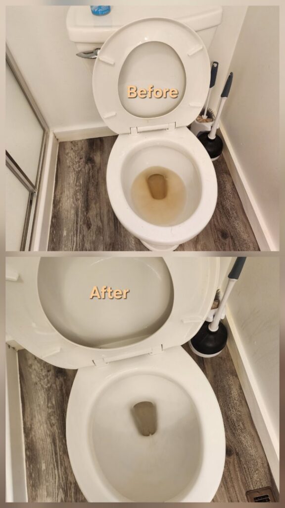 A dirty toilet bowl before and after professional cleaning by Wisconsin Cleaners LLC in Green Bay, WI.