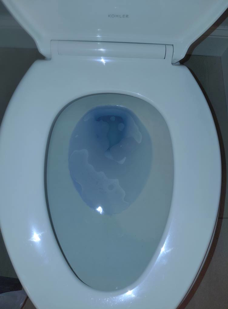 A toilet bowl with blue cleaning solution, demonstrating the cleaning process by White Lotus Cleaning Services LLC in Nashua, NH.
