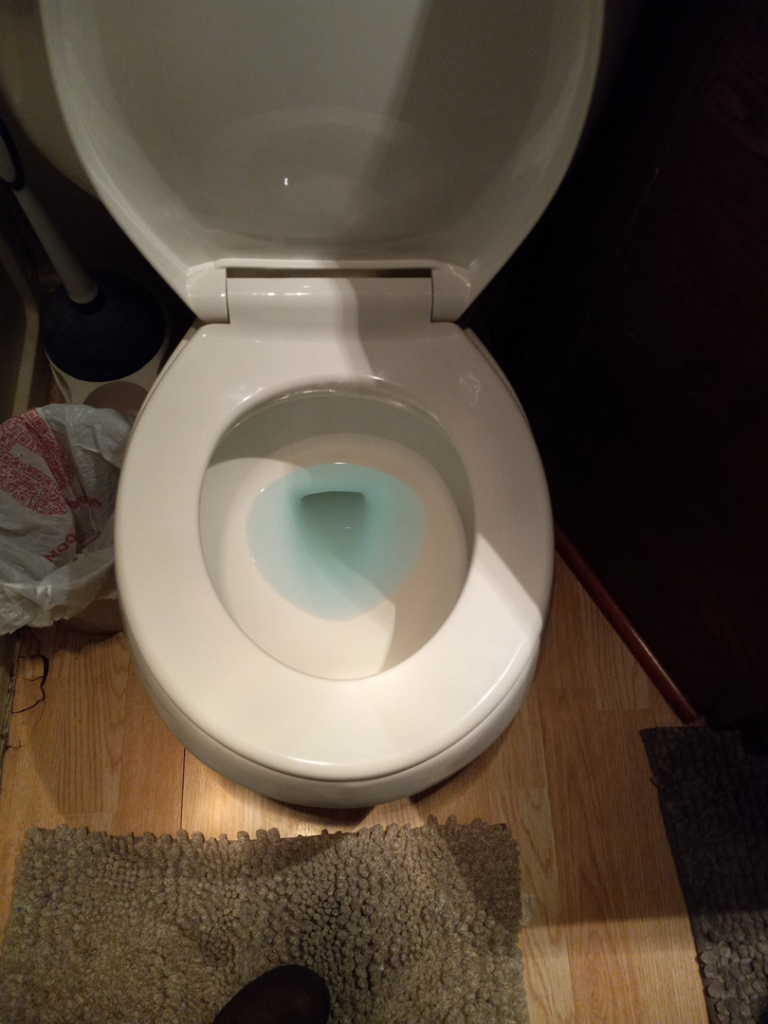 A toilet bowl with blue cleaning solution, indicating a cleaning service by J & A Cleaning and more in Norfolk, NE.
