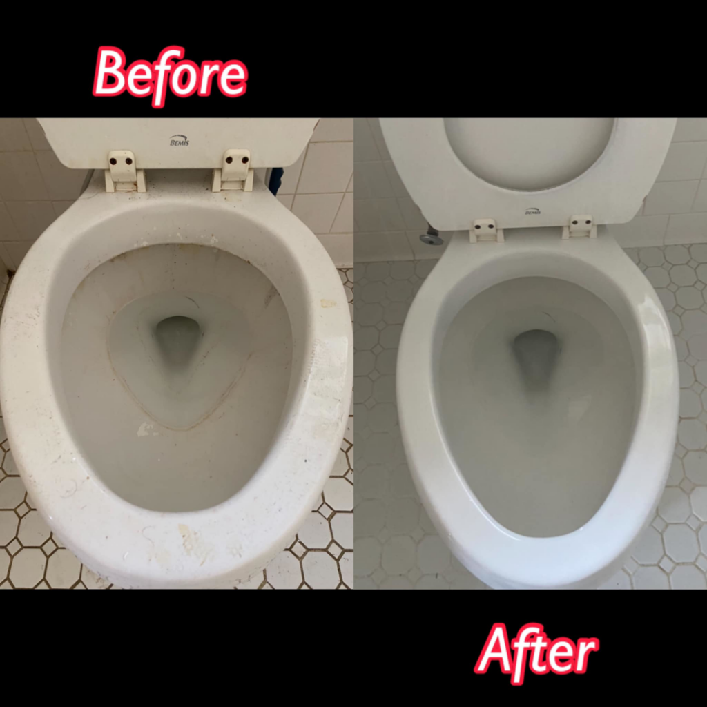 Before and after comparison of a thoroughly cleaned toilet by Brittany's Cleaning Service in Deerfield Beach, FL