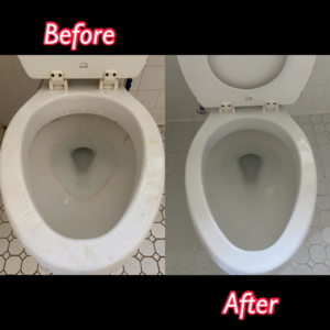 Before and after comparison of a thoroughly cleaned toilet by Brittany's Cleaning Service in Deerfield Beach, FL