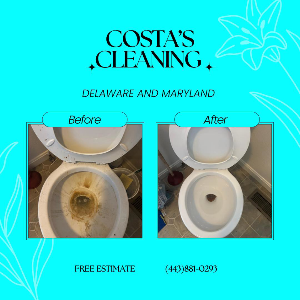 Before and after of a dirty toilet cleaned by Costa cleaning services in Salisbury, MD.