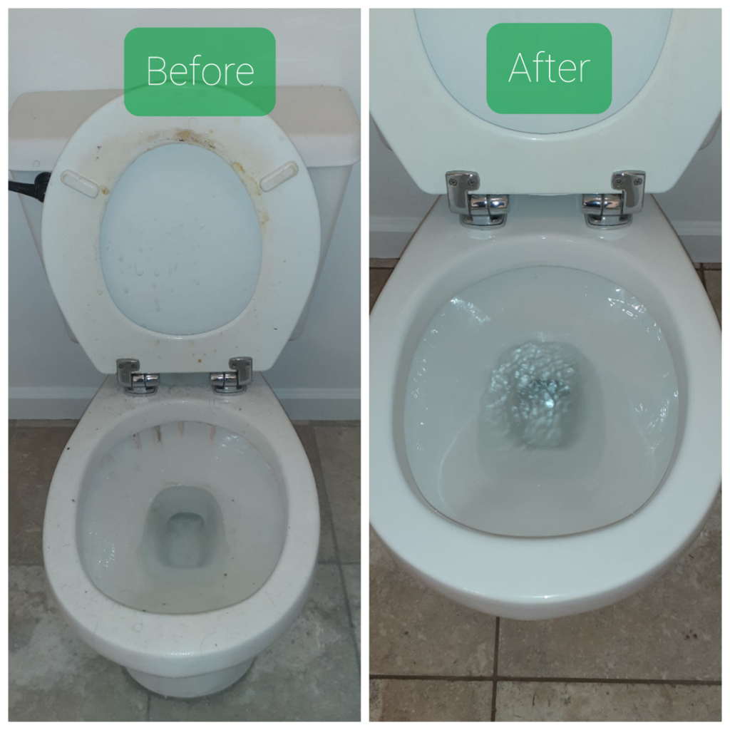 Before and after comparison of a toilet cleaned by Go Green Cleaning Experts Of NV in Reno, NV