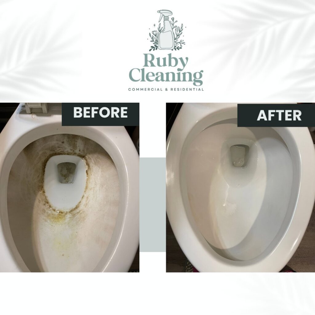 Before and after comparison of a toilet bowl cleaned by Ruby Cleaning in Lafayette, LA, showing excellent results.