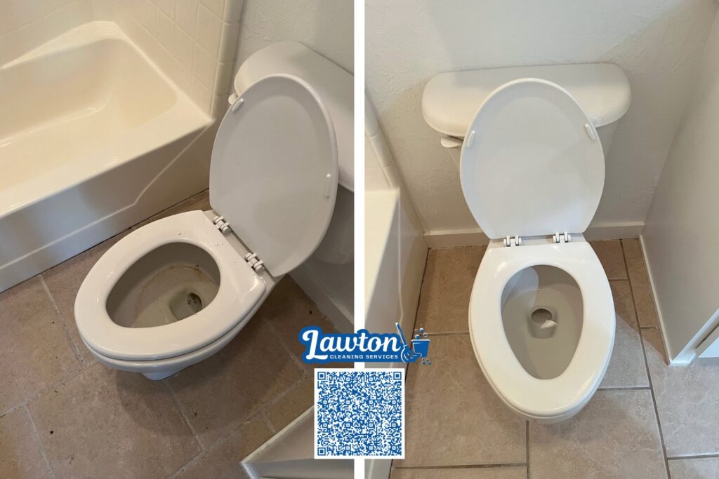 Before and after comparison of a toilet, showing professional cleaning results from a side view by Lawton Cleaning Services in Lawton, OK