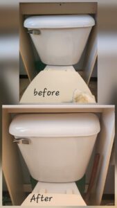 The exterior of a toilet before and after deep cleaning by Wisconsin Cleaners LLC in Green Bay, WI.