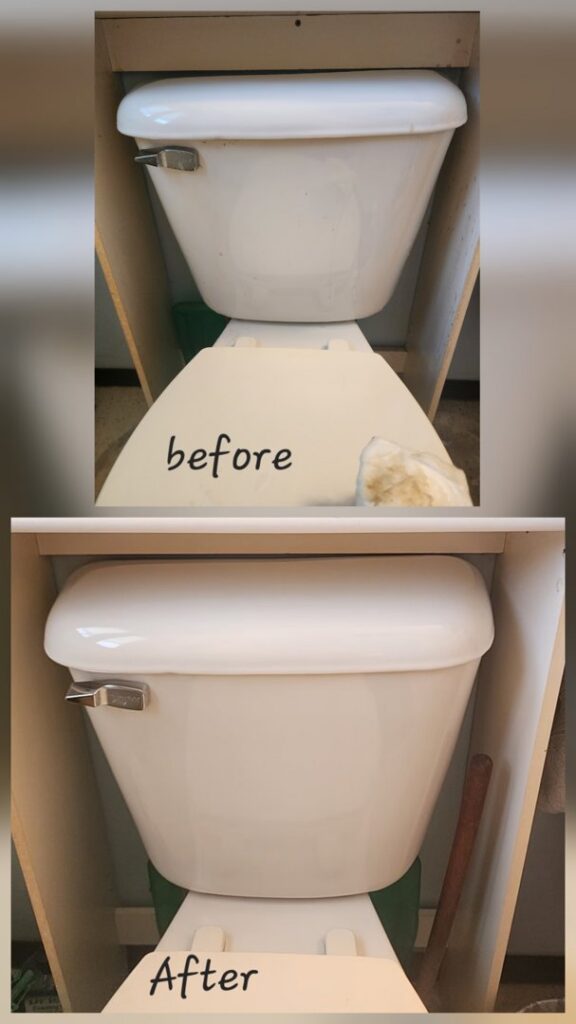 The exterior of a toilet before and after deep cleaning by Wisconsin Cleaners LLC in Green Bay, WI.