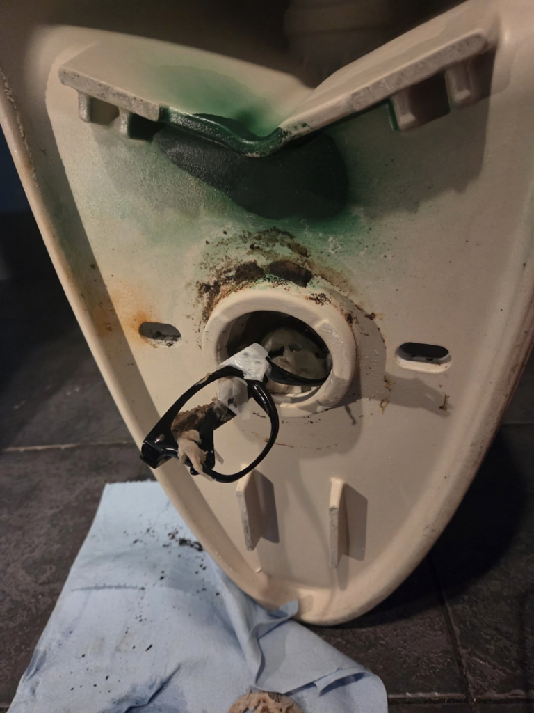 Severe corrosion and green staining from a toilet leak, indicating water damage, repaired by Freestone Plumbing in Corvallis, OR