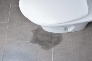 A puddle of water on a tiled bathroom floor from a toilet leak, requiring water damage services from Emergency Response Services Inc. in Warren, MI