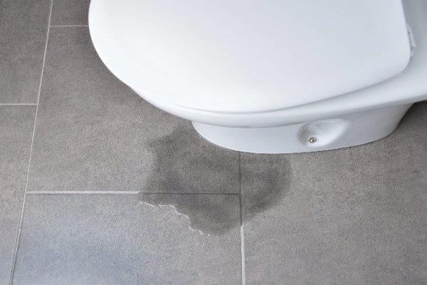 A puddle of water on a tiled bathroom floor from a toilet leak, requiring water damage services from Emergency Response Services Inc. in Warren, MI