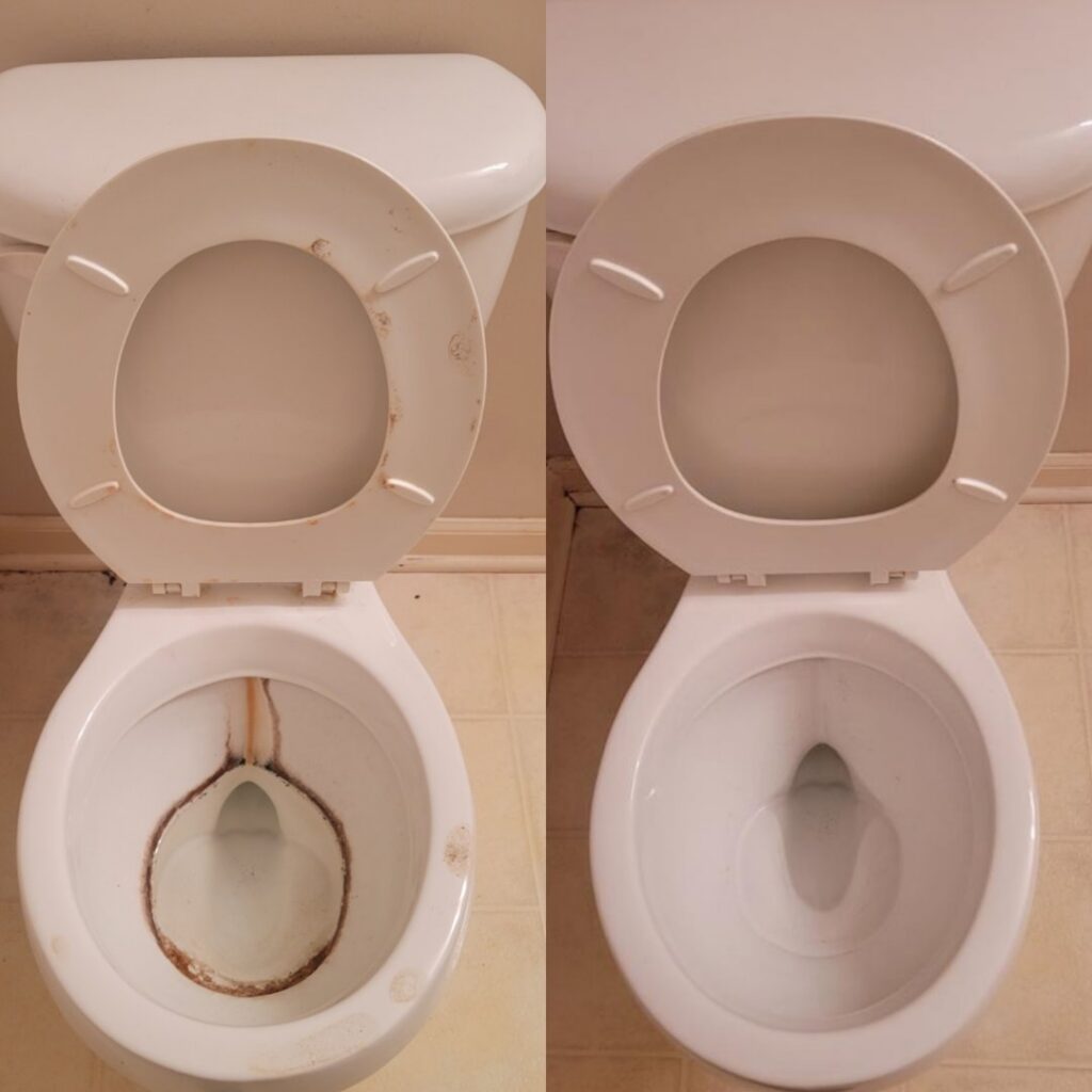 Before and after photos of a toilet seat and bowl, showing deep cleaning by Platt Cleaning Services in Lafayette, LA.