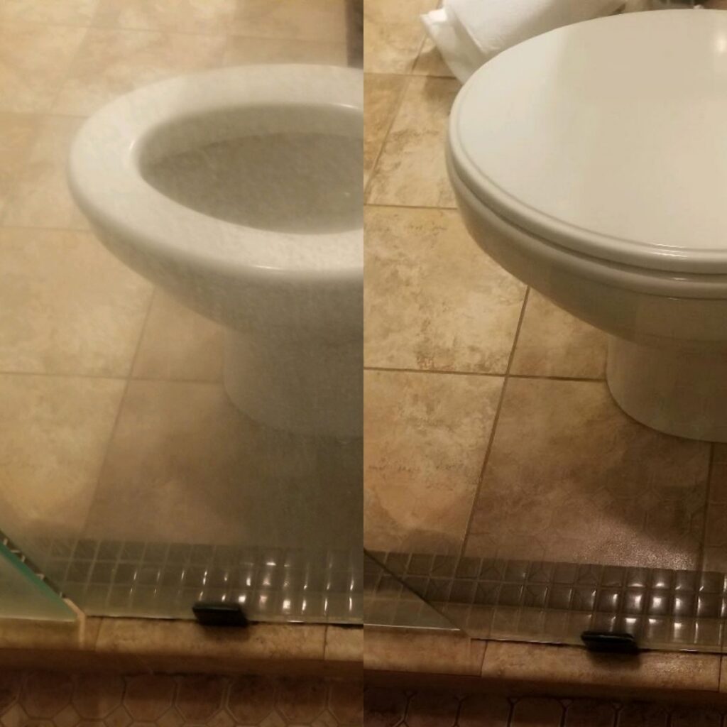 A before and after comparison of a toilet and shower glass cleaned by Platt Cleaning Services in Lafayette, LA.