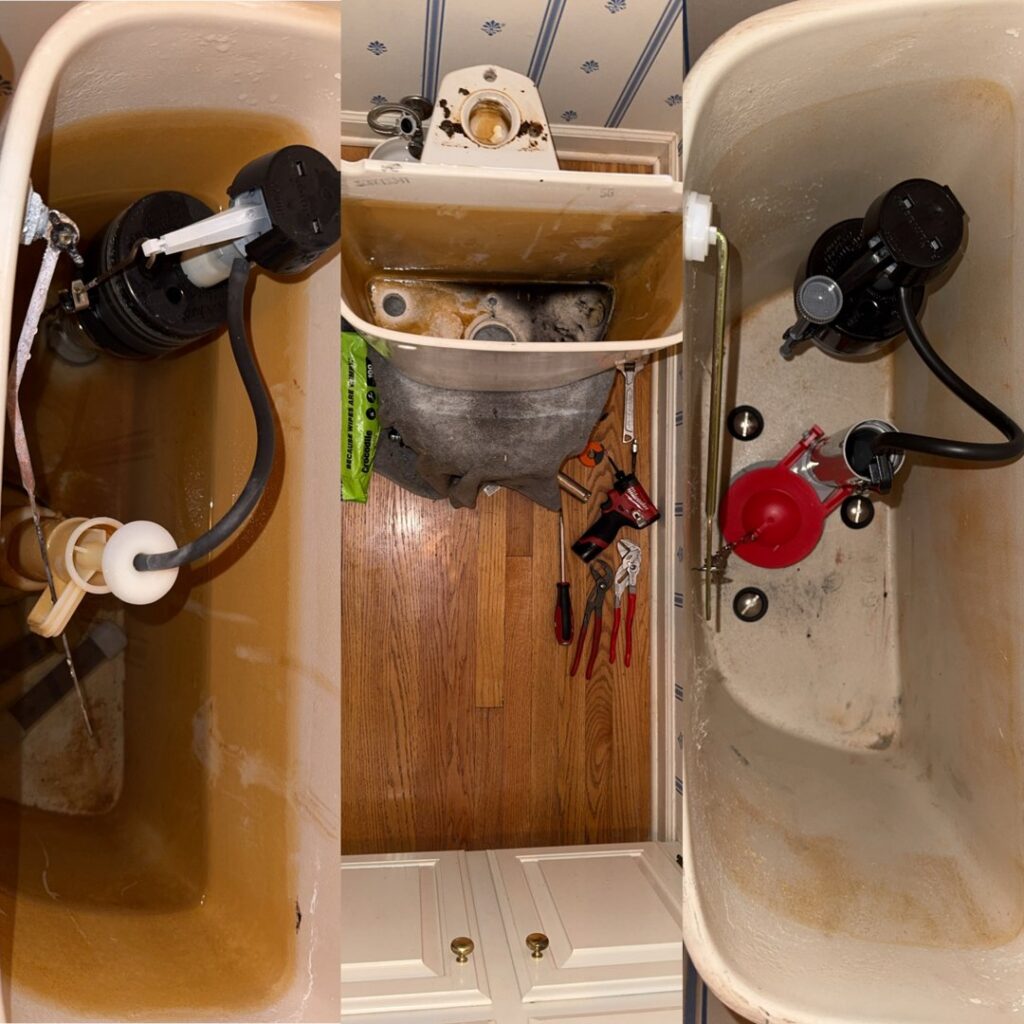 Toilet tank repair showing old dirty water and new components installed by Raymes Home Improvement LLC in Rock Hill, SC.