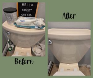 A toilet tank top cleared and cleaned, showcasing a before and after by Eternal Blossom Cleaning Services in Tulsa, OK