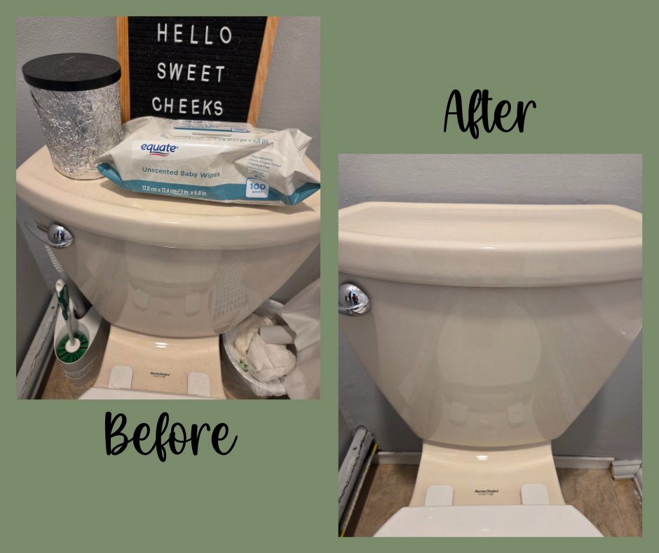 A toilet tank top cleared and cleaned, showcasing a before and after by Eternal Blossom Cleaning Services in Tulsa, OK